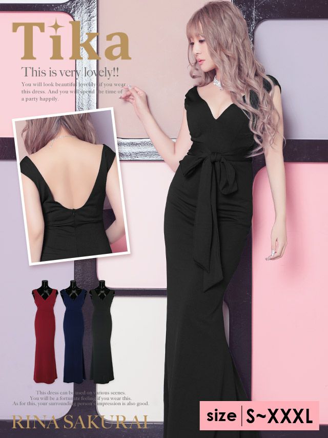 イメージ画像12   キャバドレス ロング  Tika ティカ さくりな着用 ウエスト リボン ワンカラー マーメイド ロングドレス ワインレッド ネイビー ブラック S?XXXLサイズ キャバ ドレス 大きいサイズ エレガント ロングワンピース 赤 紺 黒 通販