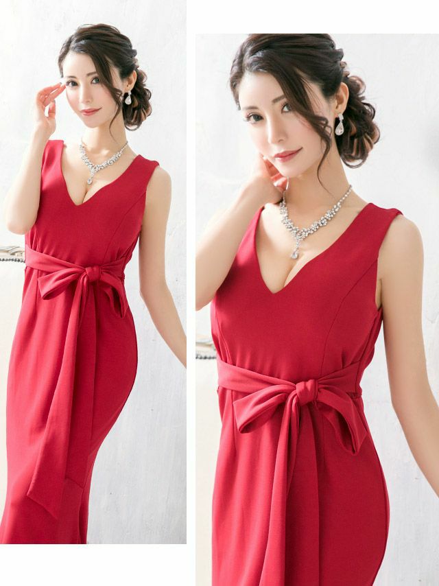 イメージ画像14 キャバドレス ロング  Tika ティカ さくりな着用 ウエスト リボン ワンカラー マーメイド ロングドレス ワインレッド ネイビー ブラック S?XXXLサイズ キャバ ドレス 大きいサイズ エレガント ロングワンピース 赤 紺 黒 通販