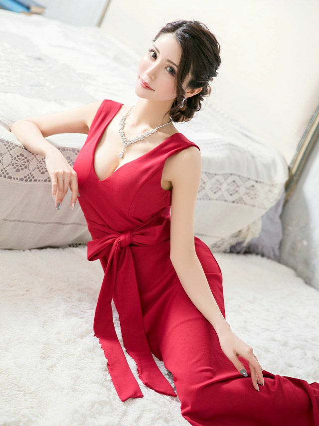 イメージ画像15 キャバドレス ロング  Tika ティカ さくりな着用 ウエスト リボン ワンカラー マーメイド ロングドレス ワインレッド ネイビー ブラック S?XXXLサイズ キャバ ドレス 大きいサイズ エレガント ロングワンピース 赤 紺 黒 通販