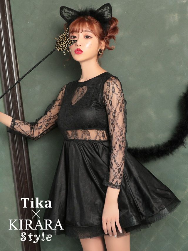 [SALE] [コスプレ] 黒猫袖あり体型カバーフレアスカートガーリーアニマル [2点セット] (ワンピース/カチューシャ)