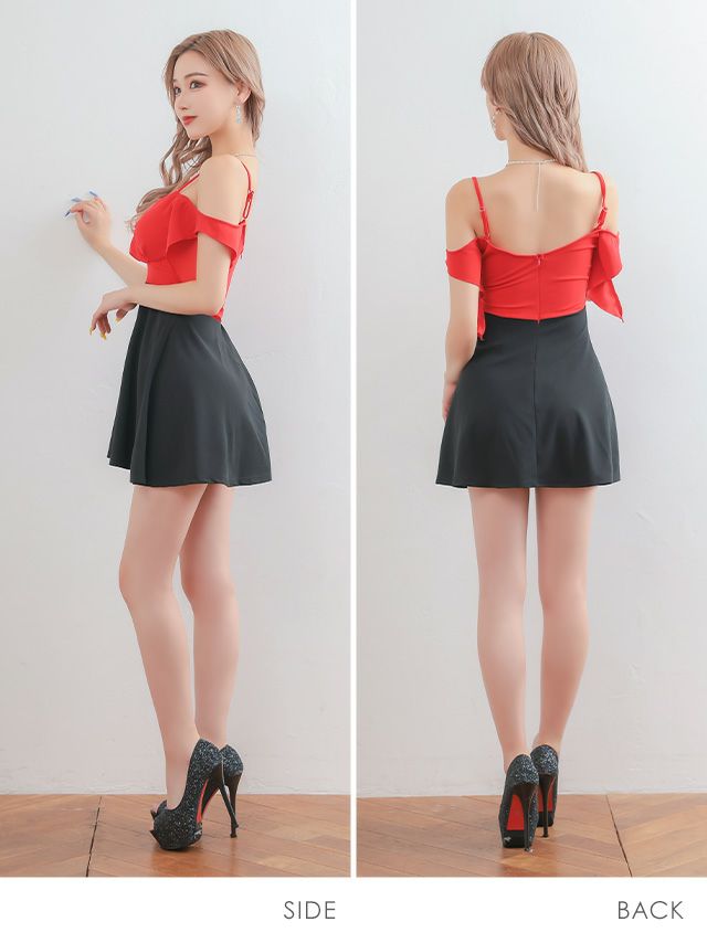 イメージ画像3 キャバドレス 激安 Tikaholic ティカホリック あやぴ着用 オフショル フレアスリーブ バイカラー Aライン ミニドレス レッド×ブラック S?XLサイズ キャバ ドレス 大きいサイズ フレアドレス ナイトドレス キャバ嬢 キャバクラ ラウンジ スナック 安い 通販