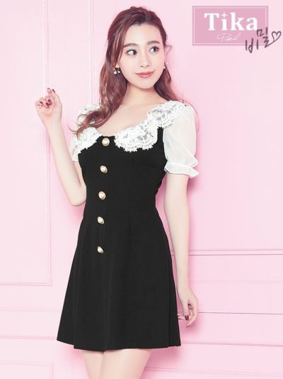 韓国ドレス] ケミカルレースパールボタン襟デザインフレアミニ半袖