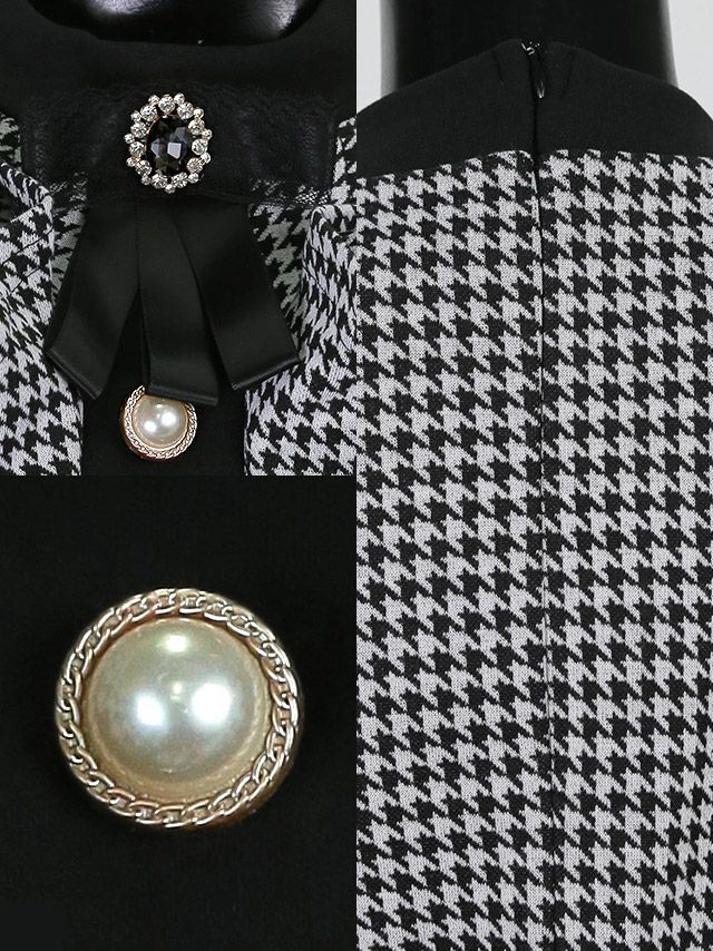 イメージ画像6 キャバドレス 大きいサイズ Tika ティカ 久保七瀬着用 ブローチ付き 千鳥柄 パールボタン フリル タイト ミニドレス 千鳥柄 S?XLサイズ キャバ ドレス タイトドレス ナイトドレス ミニ ひざ丈 キャバ嬢 キャバクラ 通販