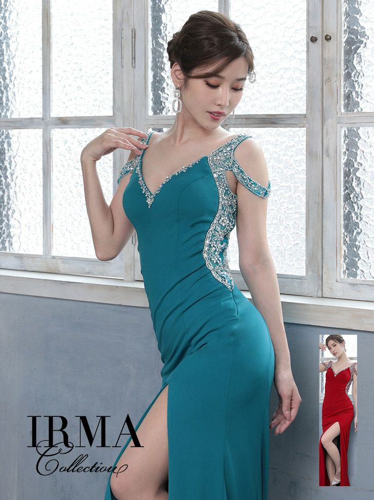 IRMA イルマ 高級サイドビジューデザイン×スリット入りタイトロングドレス