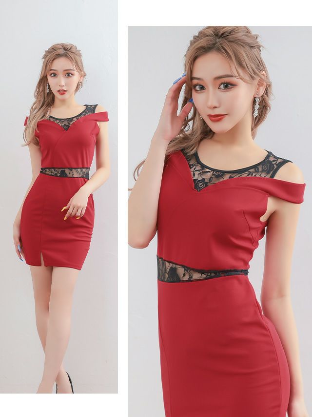 イメージ画像2 キャバドレス 激安 Tikaholic ティカホリック Cindy着用 フラワー レース オープンショルダー タイトドレス ワインレッド ブラック Mサイズ キャバ ドレス ナイトドレス キャバ嬢 キャバクラ ラウンジ スナック 赤 黒 安い 通販