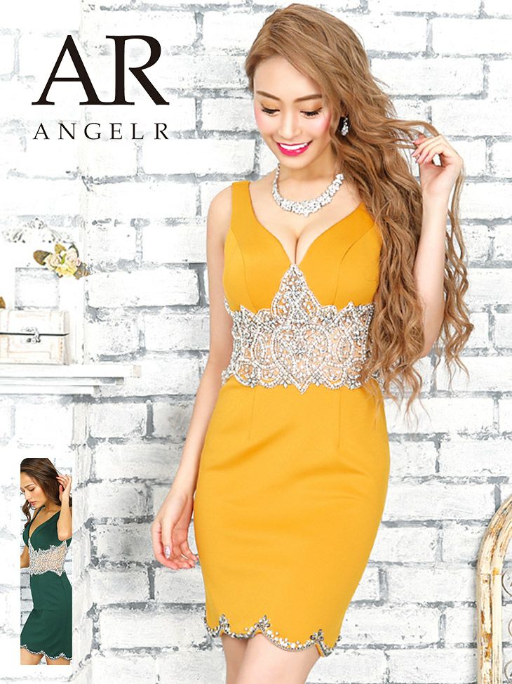 Angel-R エンジェルアール 高級ウエストビジューデザインノースリーブ裾スカラップタイトミニドレス