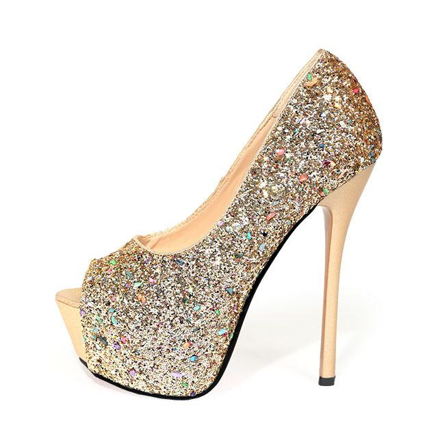 キャバヒール イメージ1 ゴールドスパンコールオープントゥキラキラハイヒールパンプス