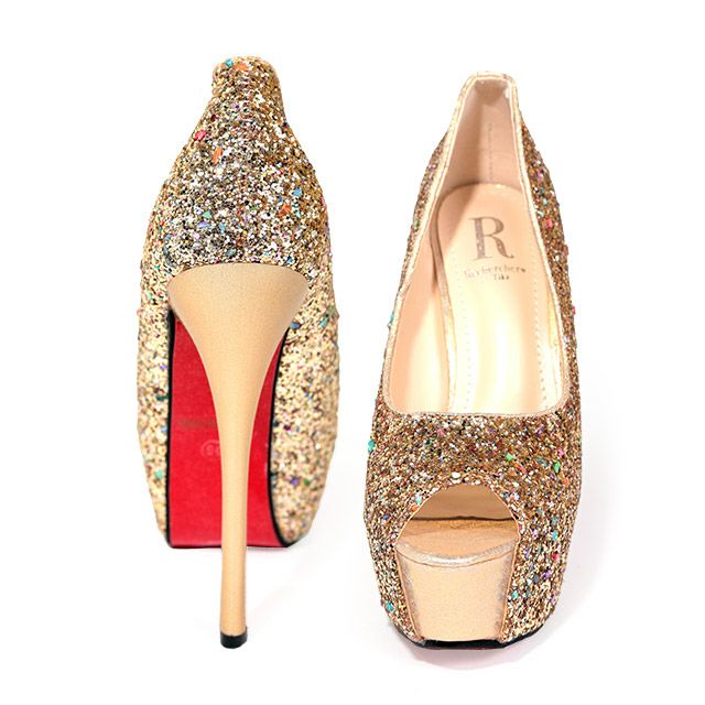 キャバヒール イメージ2 ゴールドスパンコールオープントゥキラキラハイヒールパンプス