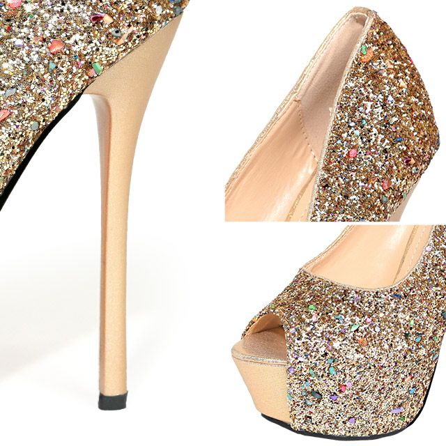 キャバヒール イメージ3 ゴールドスパンコールオープントゥキラキラハイヒールパンプス