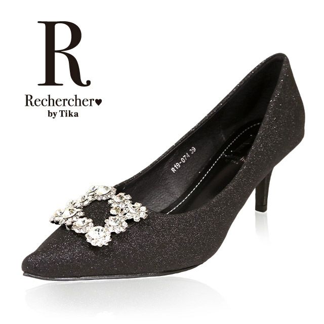 キャバヒール メイン画像 ビジューバックル付きラメパンプス