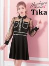 イメージ画像2 キャバドレス 安い Tika ティカ ゆんころ着用 デコルテ チュール ツイード ライン フレア ミニドレス ブラック Mサイズ Lサイズ キャバ ドレス 大きいサイズ ミニ 膝丈 可愛い 通販