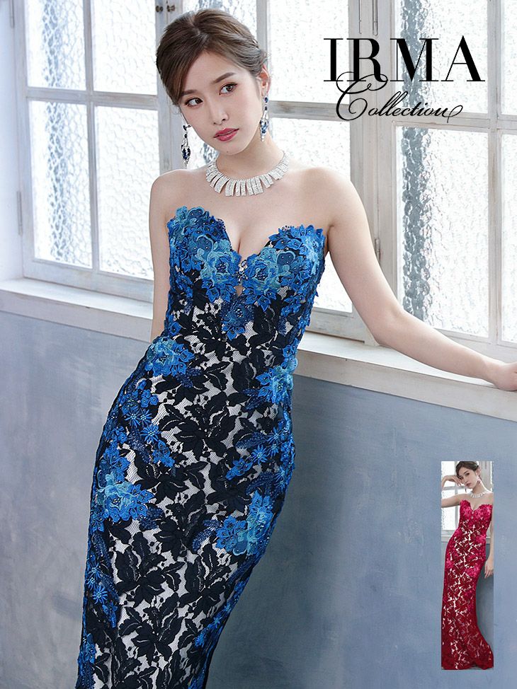 IRMA イルマ 高級フラワー刺繍デザインレース×ベロアベアタイトロングドレス