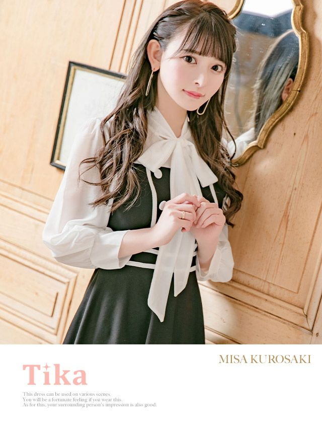 イメージ画像1 キャバドレス 安い Tika ティカ 関口さくら着用 シフォン ネックリボン モノトーン レトロ フレア Aライン ミニドレス ホワイト×ブラック S?Lサイズ キャバ ドレス 大きいサイズ フレアドレス ミニ 膝丈 可愛い 通販