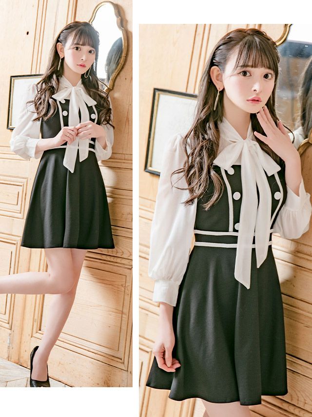 イメージ画像2 キャバドレス 安い Tika ティカ 関口さくら着用 シフォン ネックリボン モノトーン レトロ フレア Aライン ミニドレス ホワイト×ブラック S?Lサイズ キャバ ドレス 大きいサイズ フレアドレス ミニ 膝丈 可愛い 通販