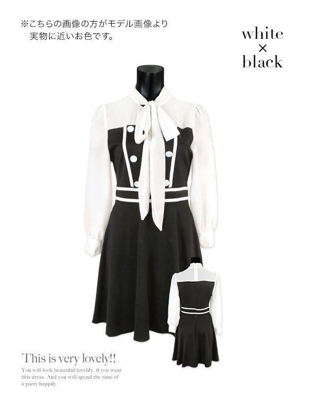 イメージ画像6 キャバドレス 安い Tika ティカ 関口さくら着用 シフォン ネックリボン モノトーン レトロ フレア Aライン ミニドレス ホワイト×ブラック S?Lサイズ キャバ ドレス 大きいサイズ フレアドレス ミニ 膝丈 可愛い 通販