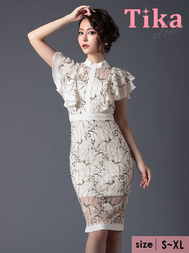 メイン画像 Tika S?XLサイズ フリルスリーブ刺繍タイトミディ丈ドレス 4サイズ展開 /レディース/キャバドレス キャバ嬢 キャバクラ キャバドレス ドレス ラウンジ スナック ナイトワーク お水