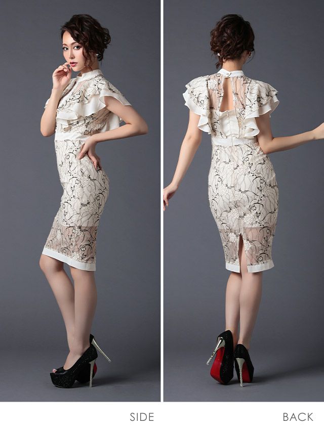 イメージ画像4 Tika S?XLサイズ フリルスリーブ刺繍タイトミディ丈ドレス 4サイズ展開 /レディース/キャバドレス キャバ嬢 キャバクラ キャバドレス ドレス ラウンジ スナック ナイトワーク お水