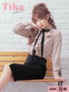 メイン画像 キャバドレス ミニ Tika ティカ ゆんころ着用 フリル ブラウス リボン ウエスト ベルト タイトスカート セットアップドレス ベージュ×ブラック SサイズMサイズ キャバ ドレス ナイトドレス ひざ丈 キャバ嬢 キャバクラ 通販