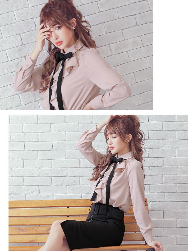 イメージ画像2 キャバドレス ミニ Tika ティカ ゆんころ着用 フリル ブラウス リボン ウエスト ベルト タイトスカート セットアップドレス ベージュ×ブラック SサイズMサイズ キャバ ドレス ナイトドレス ひざ丈 キャバ嬢 キャバクラ 通販