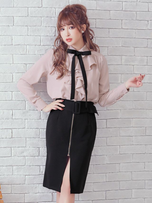 イメージ画像3 キャバドレス ミニ Tika ティカ ゆんころ着用 フリル ブラウス リボン ウエスト ベルト タイトスカート セットアップドレス ベージュ×ブラック SサイズMサイズ キャバ ドレス ナイトドレス ひざ丈 キャバ嬢 キャバクラ 通販