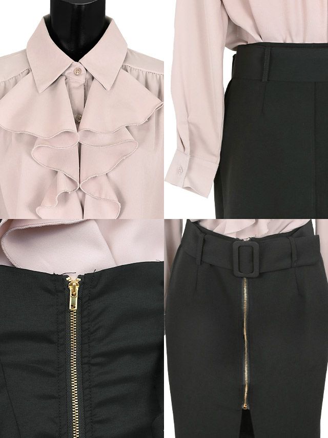 イメージ画像8 キャバドレス ミニ Tika ティカ ゆんころ着用 フリル ブラウス リボン ウエスト ベルト タイトスカート セットアップドレス ベージュ×ブラック SサイズMサイズ キャバ ドレス ナイトドレス ひざ丈 キャバ嬢 キャバクラ 通販