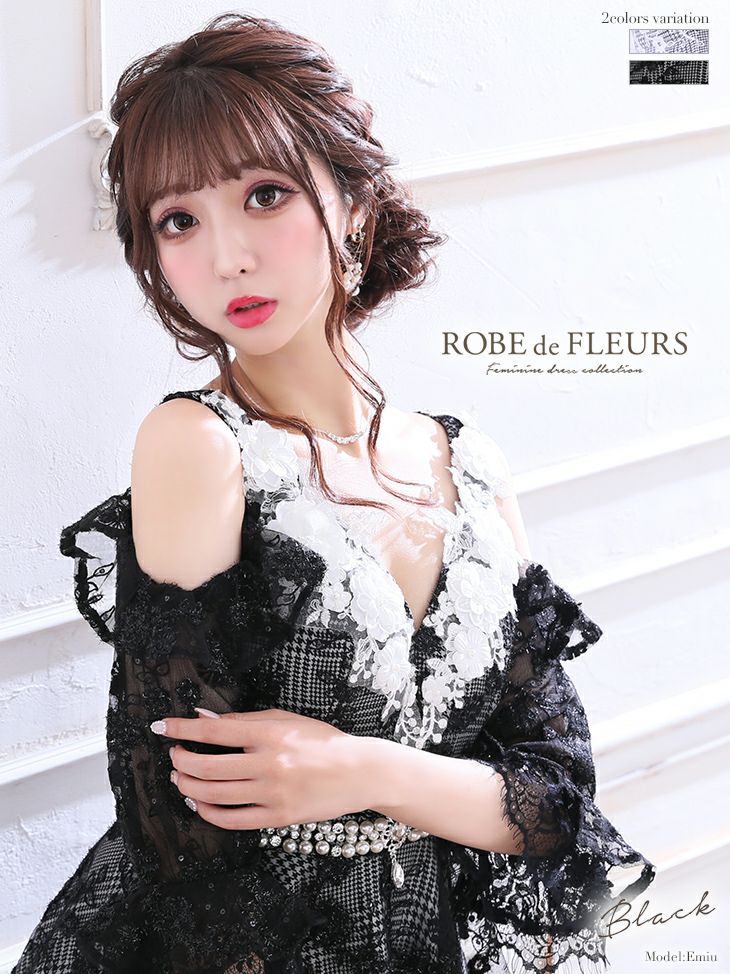 ROBEdeFLEURS ローブドフルール 高級千鳥格子×フラワーモチーフフレアミニドレス