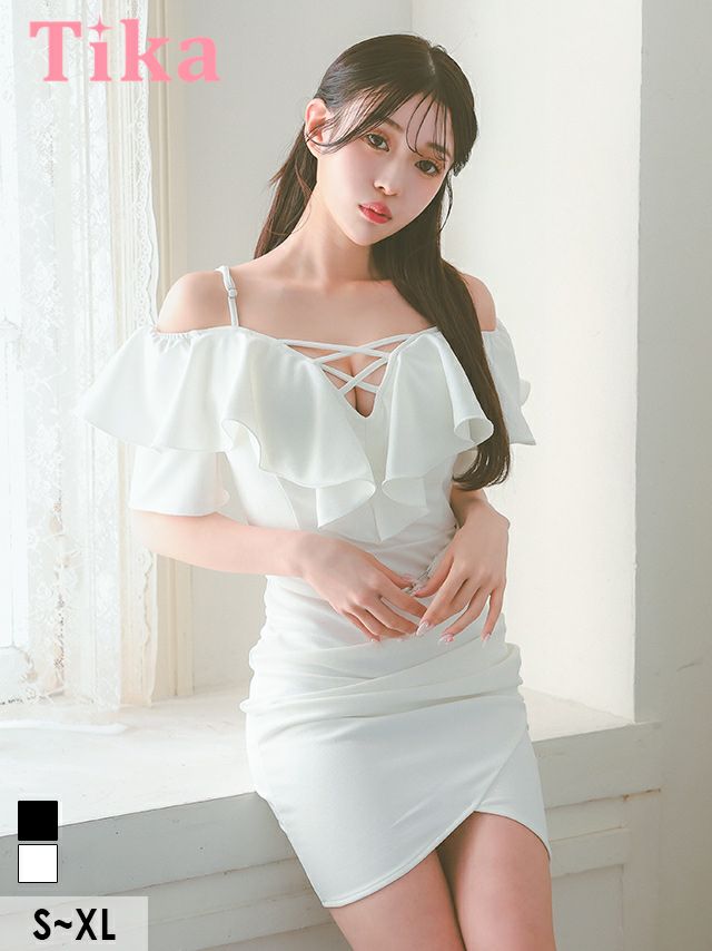 メイン画像 Tika 伊藤桃々着用 S?XLサイズ フリルデザインウエストベルトワンカラータイトミニドレス (ホワイト/グレー/ブラック) 4サイズ展開 /レディース/キャバドレス【キャバ嬢 キャバクラ キャバドレス ドレス ラウンジ スナック ナイトワーク お水】