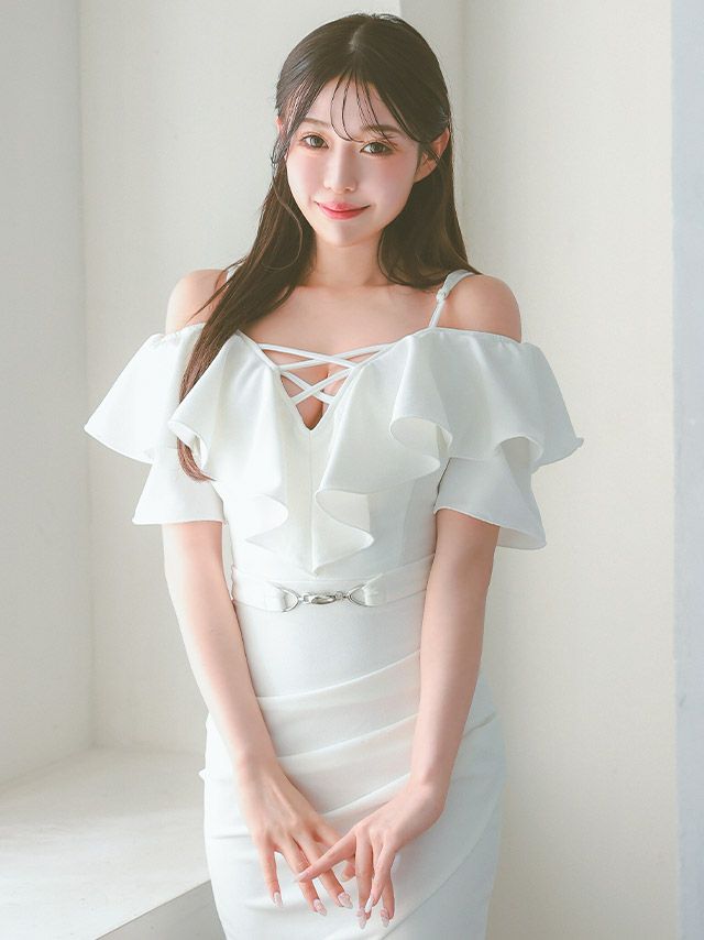 イメージ画像1 Tika 伊藤桃々着用 S?XLサイズ フリルデザインウエストベルトワンカラータイトミニドレス (ホワイト/グレー/ブラック) 4サイズ展開 /レディース/キャバドレス【キャバ嬢 キャバクラ キャバドレス ドレス ラウンジ スナック ナイトワーク お水】