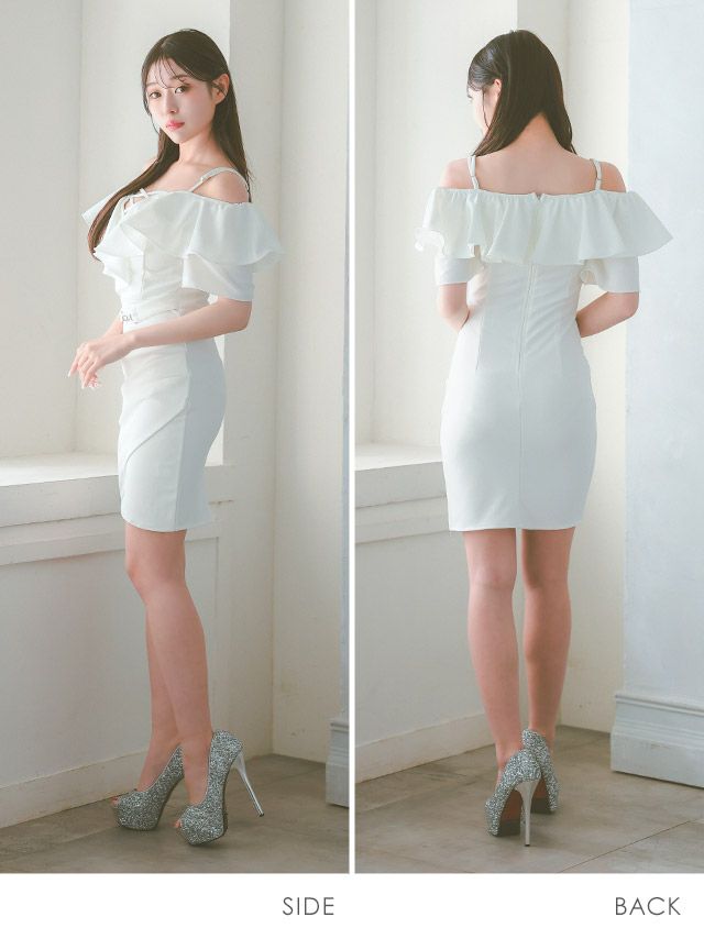 イメージ画像6 Tika 伊藤桃々着用 S?XLサイズ フリルデザインウエストベルトワンカラータイトミニドレス (ホワイト/グレー/ブラック) 4サイズ展開 /レディース/キャバドレス【キャバ嬢 キャバクラ キャバドレス ドレス ラウンジ スナック ナイトワーク お水】