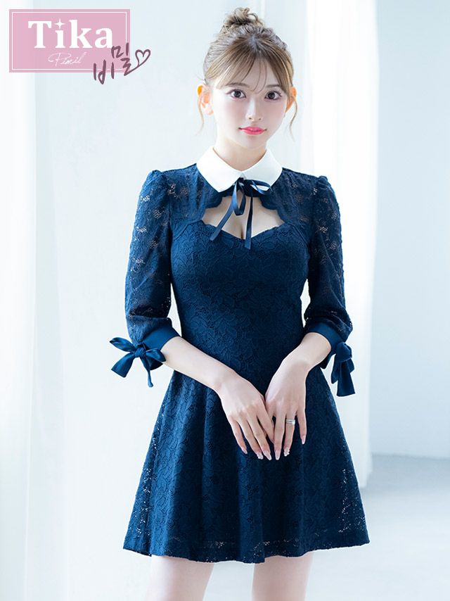 メイン画像 キャバドレス 韓国 [Tika/ティカ]明日花キララ着用 襟付き リボン 総レース フレア ミニドレス ネイビー S?Lサイズ 韓国ドレス キャバ ドレス aライン 大きいサイズ ミニ 膝丈 キャバワンピ 私服 シンプル ワンピース 紺 通販