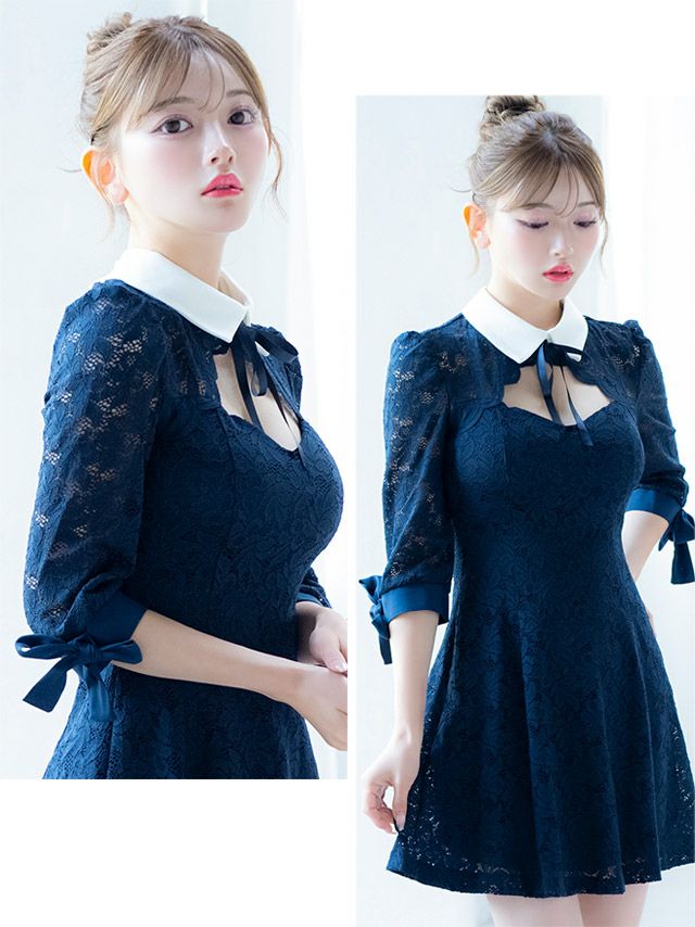 イメージ画像2 キャバドレス 韓国 [Tika/ティカ]明日花キララ着用 襟付き リボン 総レース フレア ミニドレス ネイビー S?Lサイズ 韓国ドレス キャバ ドレス aライン 大きいサイズ ミニ 膝丈 キャバワンピ 私服 シンプル ワンピース 紺 通販