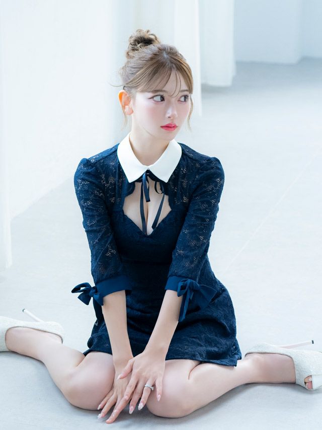 イメージ画像2 キャバドレス 韓国 [Tika/ティカ]明日花キララ着用 襟付き リボン 総レース フレア ミニドレス ネイビー S?Lサイズ 韓国ドレス キャバ ドレス aライン 大きいサイズ ミニ 膝丈 キャバワンピ 私服 シンプル ワンピース 紺 通販