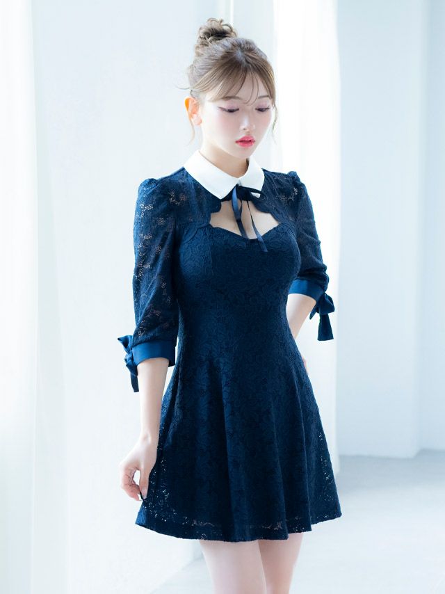 イメージ画像3 キャバドレス 韓国 [Tika/ティカ]明日花キララ着用 襟付き リボン 総レース フレア ミニドレス ネイビー S?Lサイズ 韓国ドレス キャバ ドレス aライン 大きいサイズ ミニ 膝丈 キャバワンピ 私服 シンプル ワンピース 紺 通販