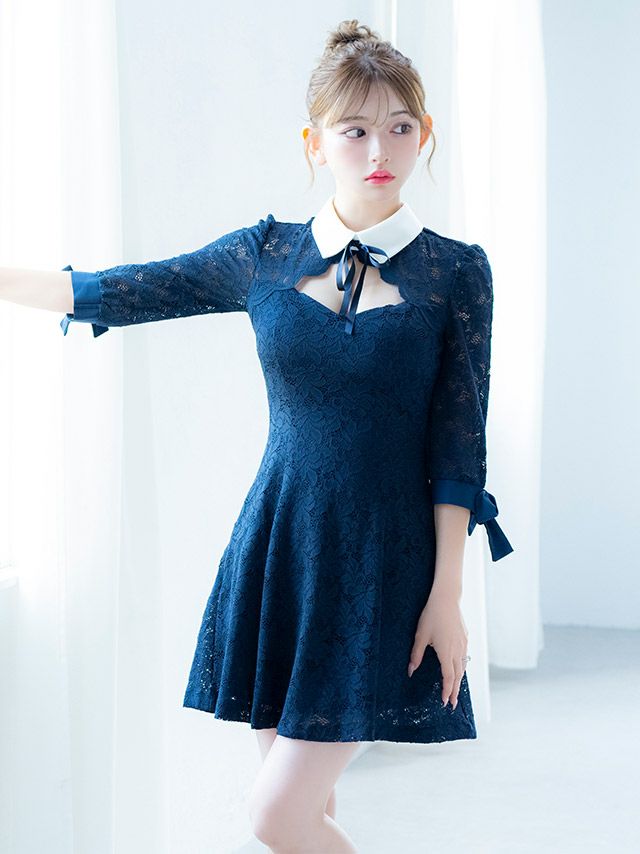 イメージ画像3 キャバドレス 韓国 [Tika/ティカ]明日花キララ着用 襟付き リボン 総レース フレア ミニドレス ネイビー S?Lサイズ 韓国ドレス キャバ ドレス aライン 大きいサイズ ミニ 膝丈 キャバワンピ 私服 シンプル ワンピース 紺 通販