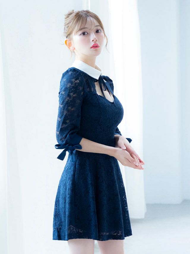 イメージ画像4 キャバドレス 韓国 [Tika/ティカ]明日花キララ着用 襟付き リボン 総レース フレア ミニドレス ネイビー S?Lサイズ 韓国ドレス キャバ ドレス aライン 大きいサイズ ミニ 膝丈 キャバワンピ 私服 シンプル ワンピース 紺 通販