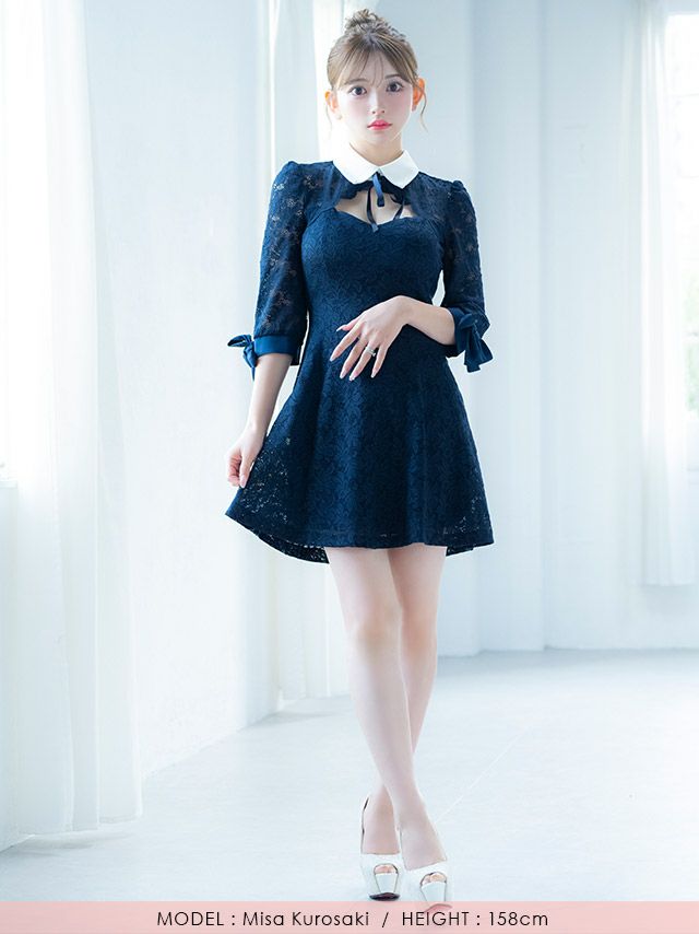 イメージ画像5 キャバドレス 韓国 [Tika/ティカ]明日花キララ着用 襟付き リボン 総レース フレア ミニドレス ネイビー S?Lサイズ 韓国ドレス キャバ ドレス aライン 大きいサイズ ミニ 膝丈 キャバワンピ 私服 シンプル ワンピース 紺 通販