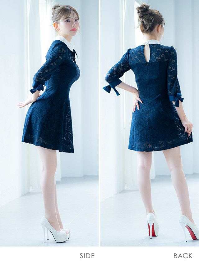 イメージ画像6 キャバドレス 韓国 [Tika/ティカ]明日花キララ着用 襟付き リボン 総レース フレア ミニドレス ネイビー S?Lサイズ 韓国ドレス キャバ ドレス aライン 大きいサイズ ミニ 膝丈 キャバワンピ 私服 シンプル ワンピース 紺 通販