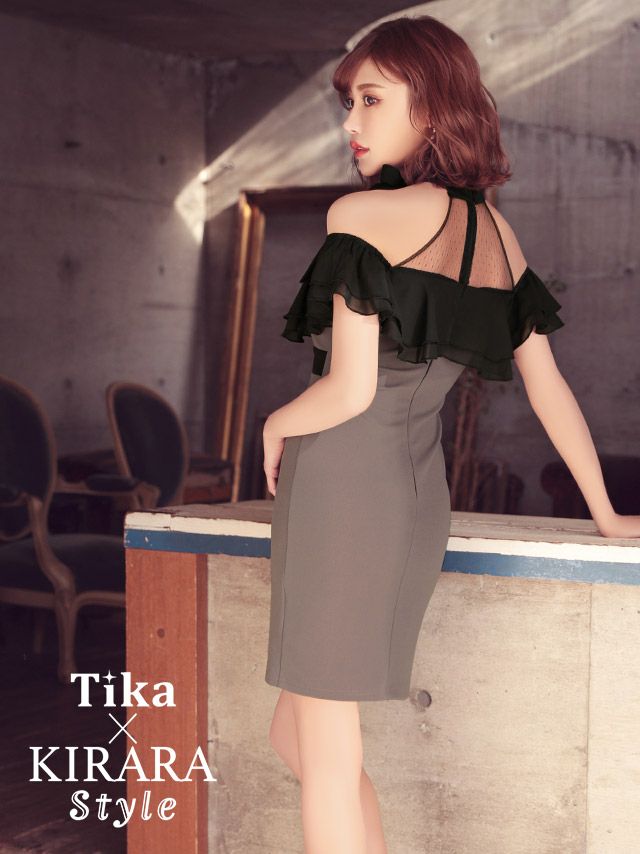 イメージ画像3 キャバドレス 大きいサイズ Tika ティカ 明日花キララ着用 ネックリボン ドット ブラック レース オープンショルダー タイト ミニドレス ブラック×ワインレッド ブラック×グレー S?XLサイズ キャバ ドレス タイトドレス ナイトドレス ミニ ひざ丈 キャバ嬢 キャバクラ 通販