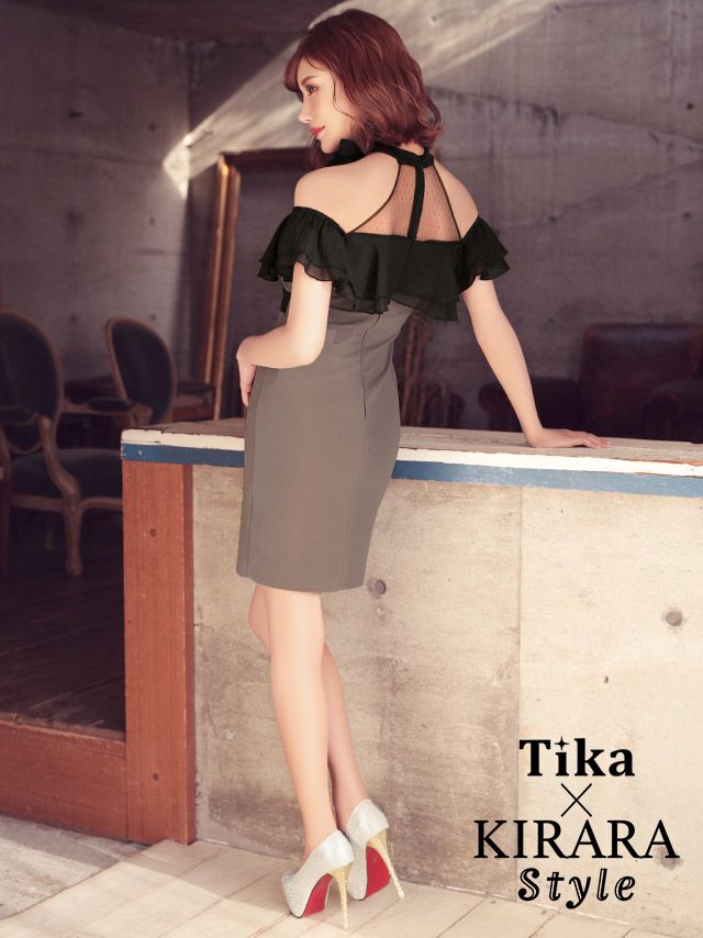 イメージ画像7 キャバドレス 大きいサイズ Tika ティカ 明日花キララ着用 ネックリボン ドット ブラック レース オープンショルダー タイト ミニドレス ブラック×ワインレッド ブラック×グレー S?XLサイズ キャバ ドレス タイトドレス ナイトドレス ミニ ひざ丈 キャバ嬢 キャバクラ 通販