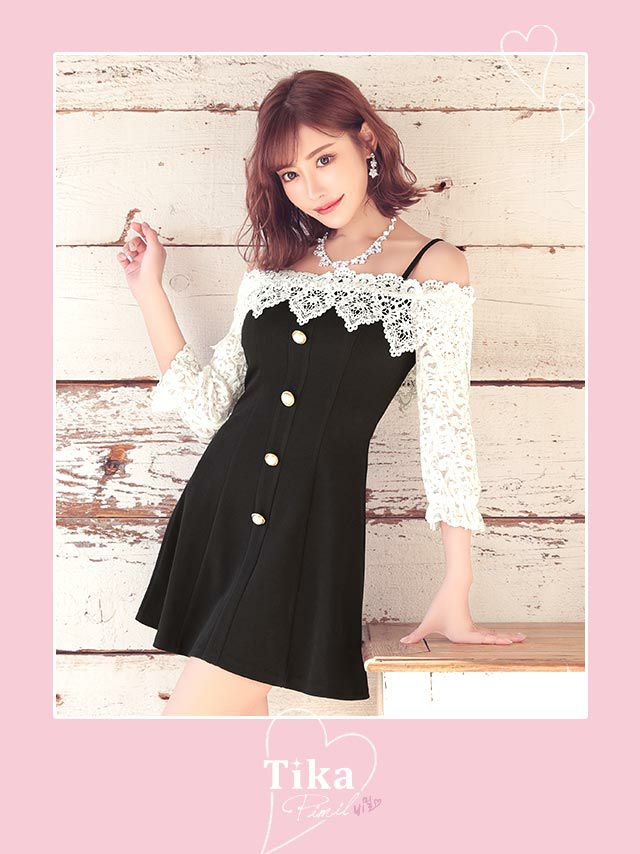イメージ画像1 キャバドレス 韓国 [Tika/ティカ]明日花キララ着用 ケミカルレース オープンショルダー フレア ミニドレス ホワイトレース×ブラック S?Lサイズ 韓国ドレス キャバ ドレス aライン 大きいサイズ ミニ 膝丈 キャバワンピ 私服 シンプル ワンピース 白 黒 通販