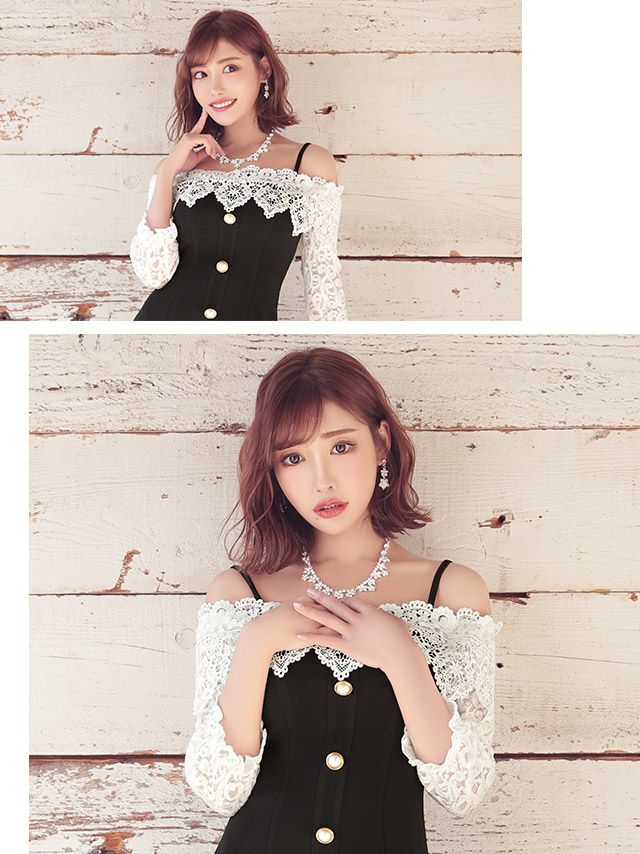 イメージ画像2 キャバドレス 韓国 [Tika/ティカ]明日花キララ着用 ケミカルレース オープンショルダー フレア ミニドレス ホワイトレース×ブラック S?Lサイズ 韓国ドレス キャバ ドレス aライン 大きいサイズ ミニ 膝丈 キャバワンピ 私服 シンプル ワンピース 白 黒 通販