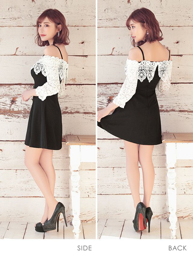 イメージ画像5 キャバドレス 韓国 [Tika/ティカ]明日花キララ着用 ケミカルレース オープンショルダー フレア ミニドレス ホワイトレース×ブラック S?Lサイズ 韓国ドレス キャバ ドレス aライン 大きいサイズ ミニ 膝丈 キャバワンピ 私服 シンプル ワンピース 白 黒 通販