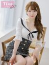メイン画像 キャバドレス 韓国 シフォン リボン ドッキング マーメイドライン ミニドレス ホワイト×ブラック S?Lサイズ 韓国ドレス キャバ ドレス 大きいサイズ ミニ 膝丈 キャバワンピ 私服 シンプル ワンピース 白 黒 通販