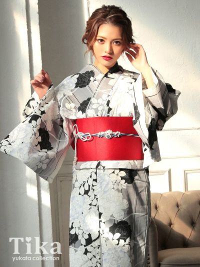 [浴衣 選べる帯] レトロ グレー 薔薇 モ...