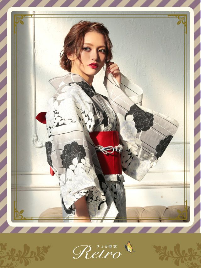 イメージ画像1 浴衣 セット レディース Tika ティカ 岩本紗也加 うさたにパイセン 着用 レトログレーに薔薇モノクロ ゆかた3点セット 浴衣+平帯or造り帯+下駄 浴衣 可愛い かわいい レトロ モダン 大人 女性 女 安い 通販