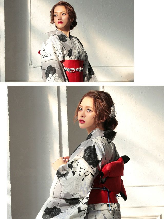 イメージ画像2 浴衣 セット レディース Tika ティカ 岩本紗也加 うさたにパイセン 着用 レトログレーに薔薇モノクロ ゆかた3点セット 浴衣+平帯or造り帯+下駄 浴衣 可愛い かわいい レトロ モダン 大人 女性 女 安い 通販