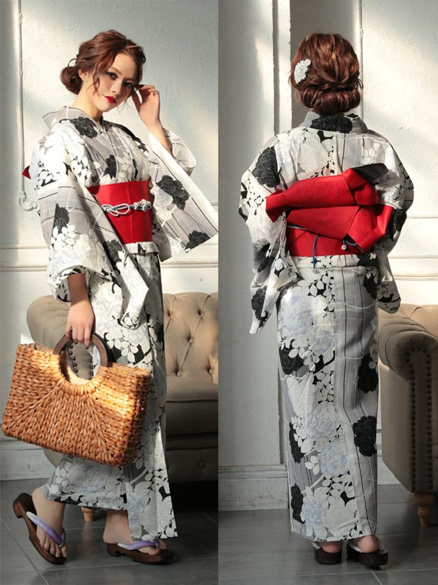 イメージ画像5 浴衣 セット レディース Tika ティカ 岩本紗也加 うさたにパイセン 着用 レトログレーに薔薇モノクロ ゆかた3点セット 浴衣+平帯or造り帯+下駄 浴衣 可愛い かわいい レトロ モダン 大人 女性 女 安い 通販