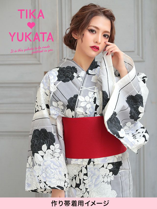 イメージ画像8 浴衣 セット レディース Tika ティカ 岩本紗也加 うさたにパイセン 着用 レトログレーに薔薇モノクロ ゆかた3点セット 浴衣+平帯or造り帯+下駄 浴衣 可愛い かわいい レトロ モダン 大人 女性 女 安い 通販