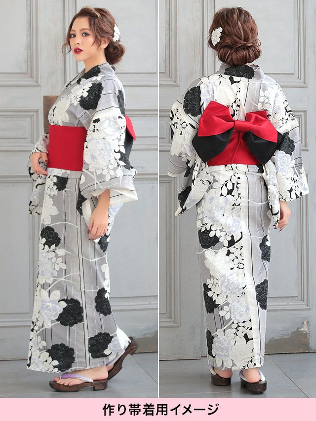 イメージ画像10 浴衣 セット レディース Tika ティカ 岩本紗也加 うさたにパイセン 着用 レトログレーに薔薇モノクロ ゆかた3点セット 浴衣+平帯or造り帯+下駄 浴衣 可愛い かわいい レトロ モダン 大人 女性 女 安い 通販