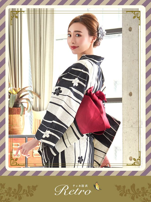 イメージ画像1 浴衣 セット レディース Tika ティカ 久保七瀬着用 レトロ生成り地×よろけ縞に桜 ゆかた3点セット 浴衣+平帯or作り帯+下駄 浴衣 可愛い かわいい レトロ モダン 大人 女性 女 安い 通販